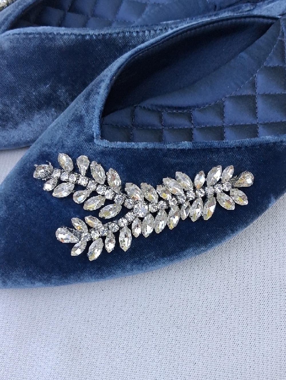 Birdies Deep Blue Velvet Crystal-Embellished Pointed Mules - Picture 11 of 16